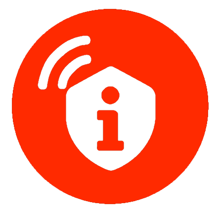 saftey contact card Logo, red white, with a white shield and in the middle is the letter "i"